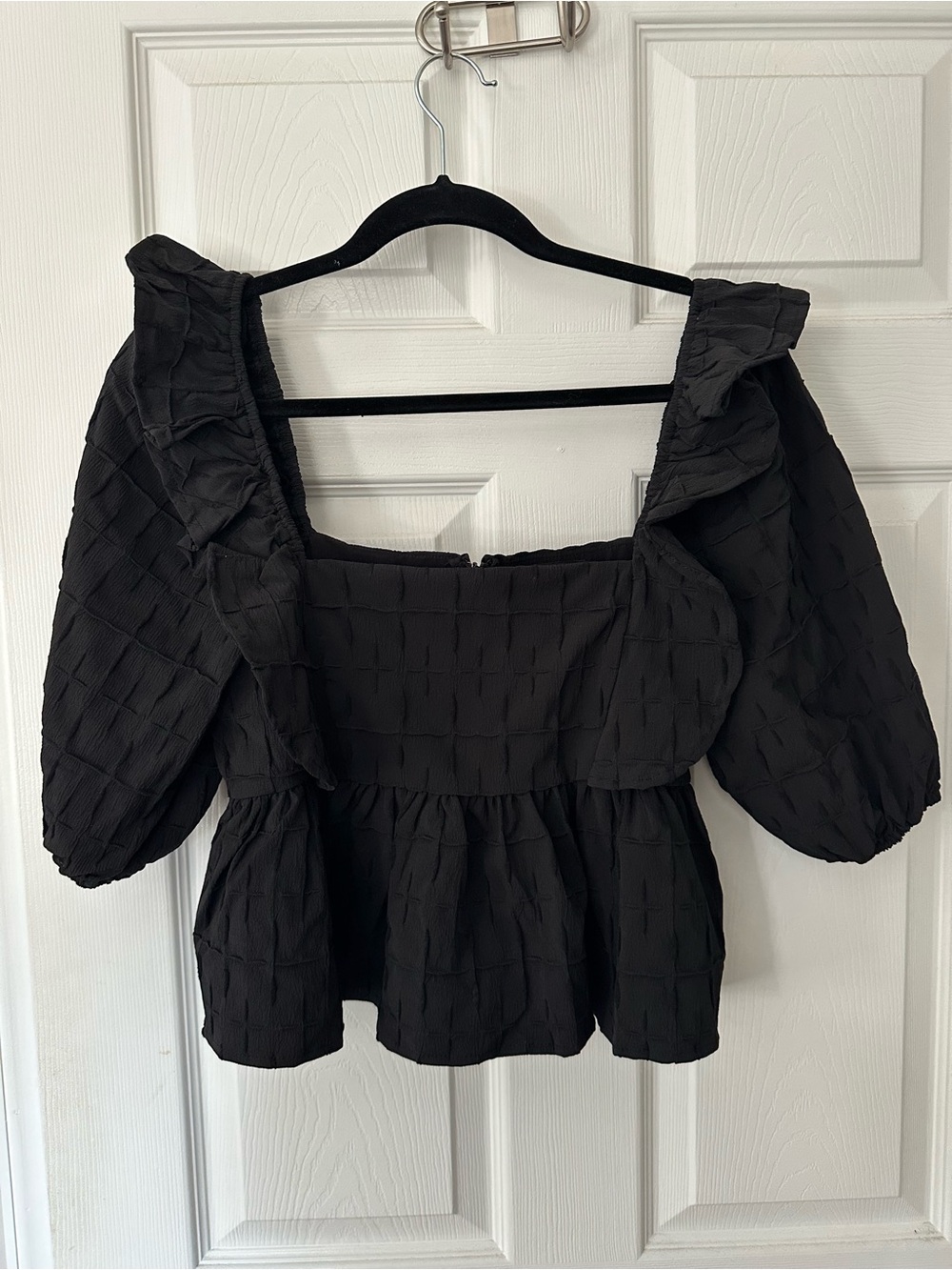 Storia Black Textured Peplum Top M Square Neck Puff Sleeve Ruffle South Moon Und